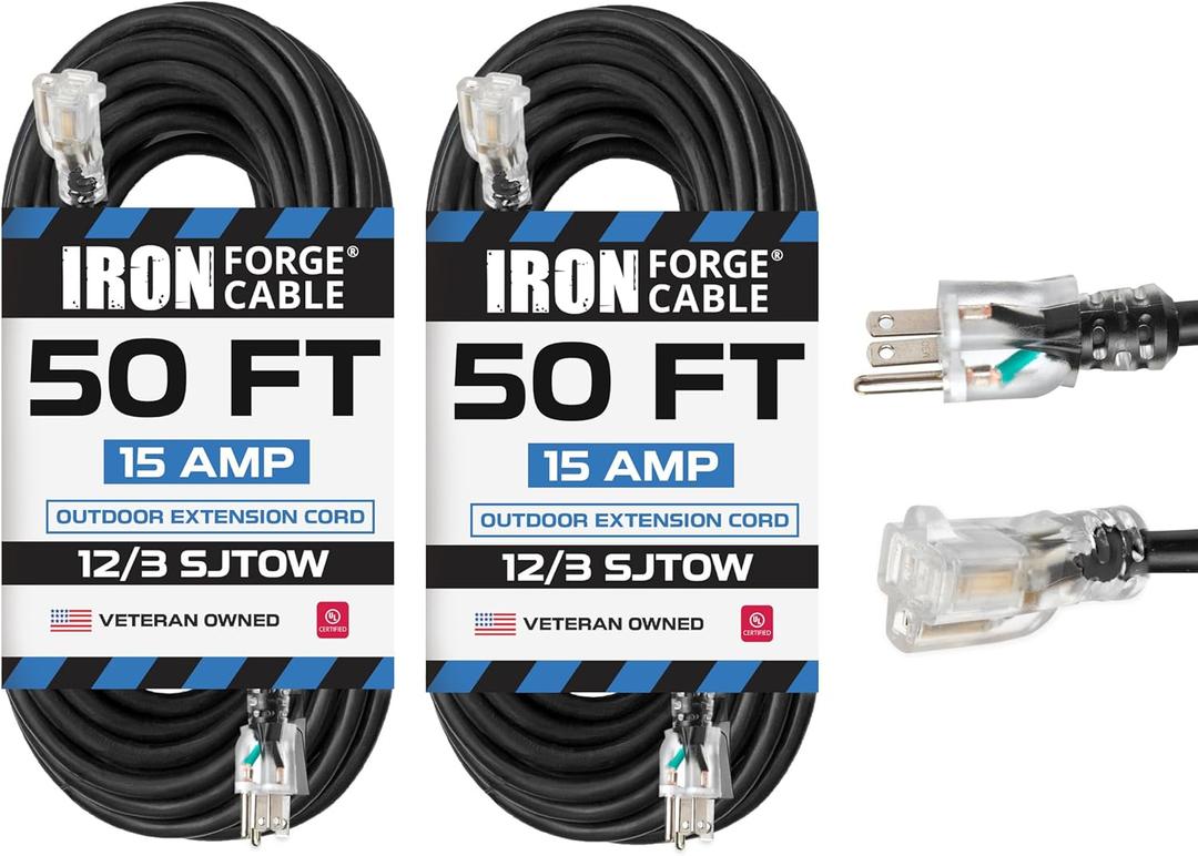 Iron Forge Cable 2 Pack 12 Gauge Outdoor Extension Cord 50 Ft, SJTOW 12/3 Heavy Duty Extension Cord 3 Prong - Oil Resistant & Flame Retardant (Black)