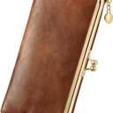 GOIACII Womens Wallet Ladies Vintage Billfold Compact Card Holder Long Zip Clutch Purse with Kiss Lock Brown