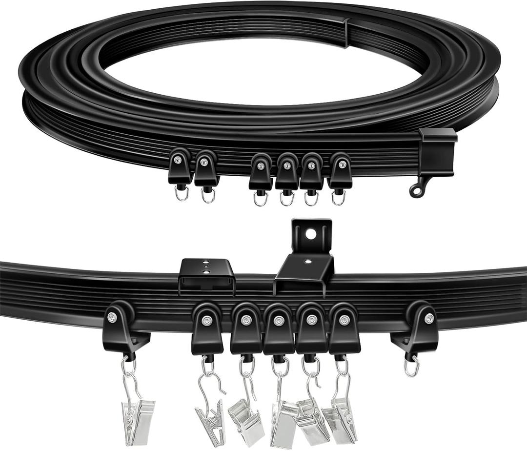 TOKPLNU Ceiling Curtain Track Curved Curtain Rail Wall Mount Flexible Bendable Curtain Track 20 Ft Black Sliding Track System Set for Bay Window, Room Divider