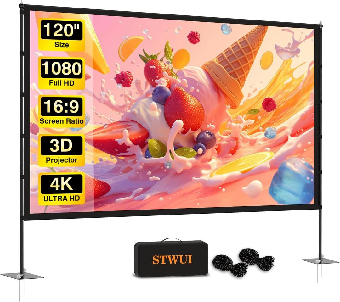 STWUI Outdoor-Projector-Screen-with-Stand - 120 inch Portable Projector Screen Indoor Outdoor Projector Screens 16:9 4K HD Lightweight Movie Screen with Carry Bag for Backyard Movie Night