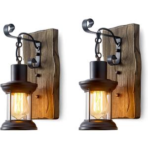 Rustic Industrial Wall Sconces, Black Metal Lantern with Wood Backplate, Farmhouse Indoor Light Fixture for Dining Room, Hallway, Porch (2pack)