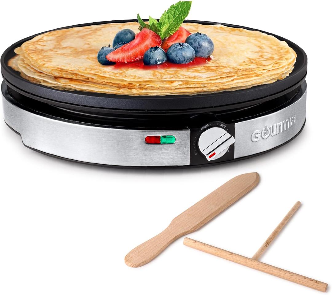 Gourmia 12 Crepe Maker  Nonstick Electric Griddle for Pancakes, Omelets & More, Precise Temp Control with Indicator Lights, Includes Spatula & Batter Spreader, Quick Cleanup, Stainless Steel Trim