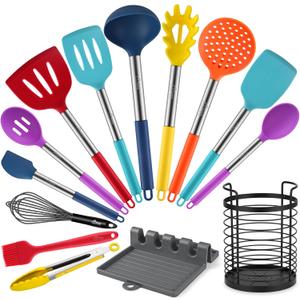 HOTEC Heat Resistant Silicone Kitchen Utensils, Cooking Utensil Set, Spatula Set, BPA Free, Kitchen Gadgets, Utensils Holder, Dishwasher Safe, 14pcs Multicolor