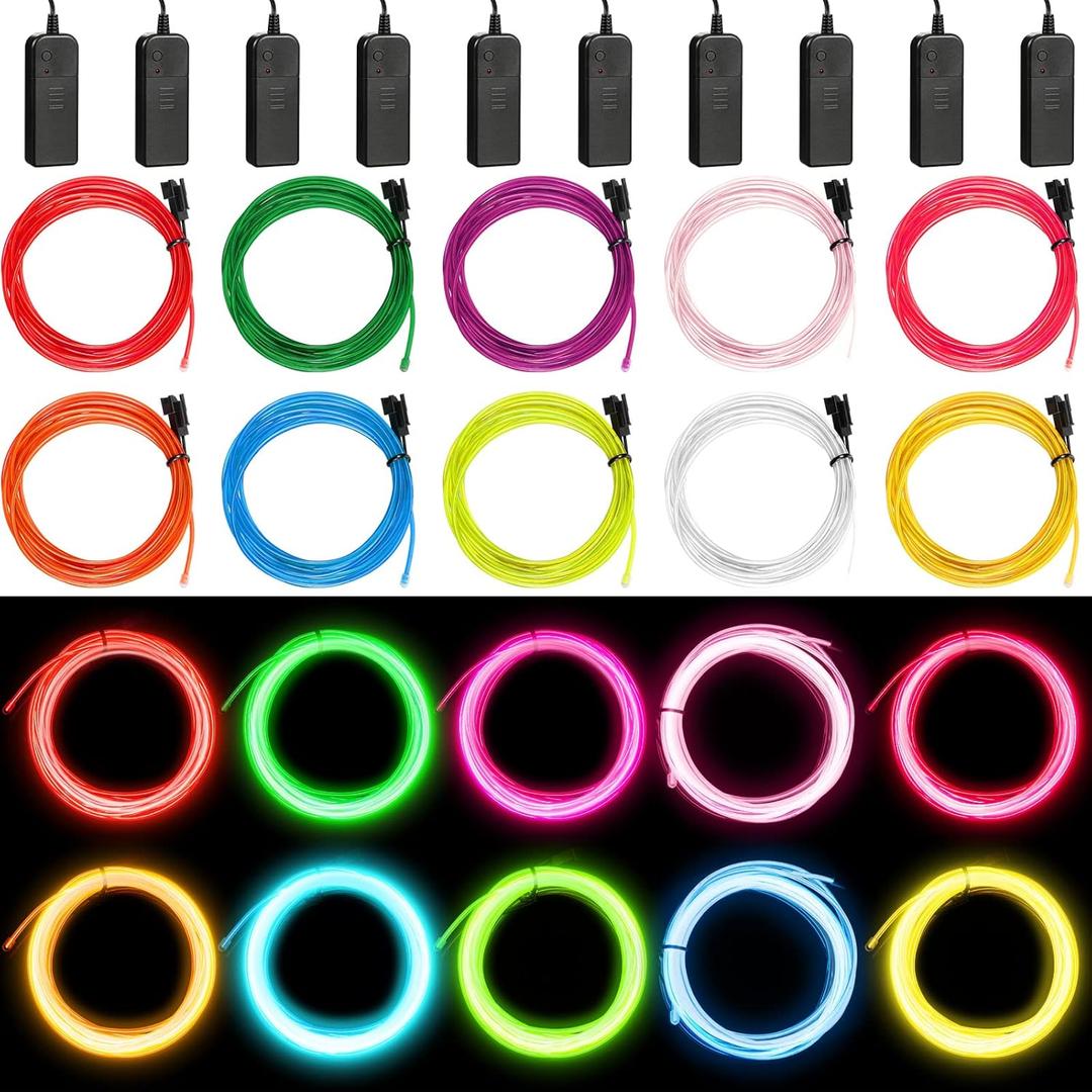 Hortsun 15 Pack 7ft Neon Light El Wire Portable Cuttable Neon Glowing Battery Powered LED Lights Glow in The Dark with Battery Pack for Halloween Party