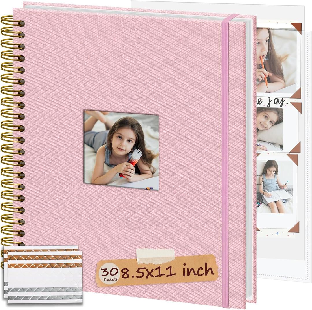 8.5x11 Inch Scrapbook Photo Album, Linen Cover DIY Scrapbooks with 30 Sheets Plastic Sleeves 60 Pages Memory Book for Wedding Birthday Baby Travel (Pink)