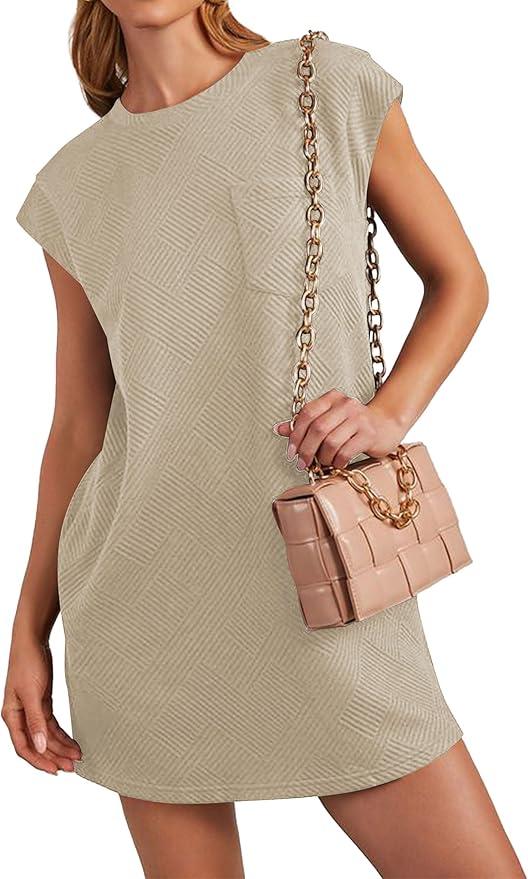 Poetsky Women's Summer Casual T Shirt Dress Short Cap Sleeve Crewneck Loose Basic Shift Mini Dresses (Brown, L)