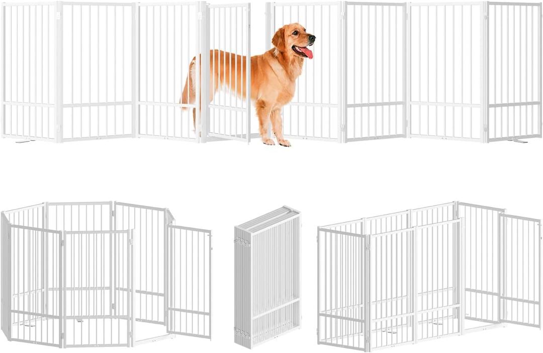 SNUOWU Full Metal Freestanding Dog Gate with Door, 36''Height Foldable Pet Dog Fence for Indoor & Outdoor, 8 Panels Extra Wide Free Standing TallDog Gates for Doorways,House,Stairs,Porch,Deck,Yard