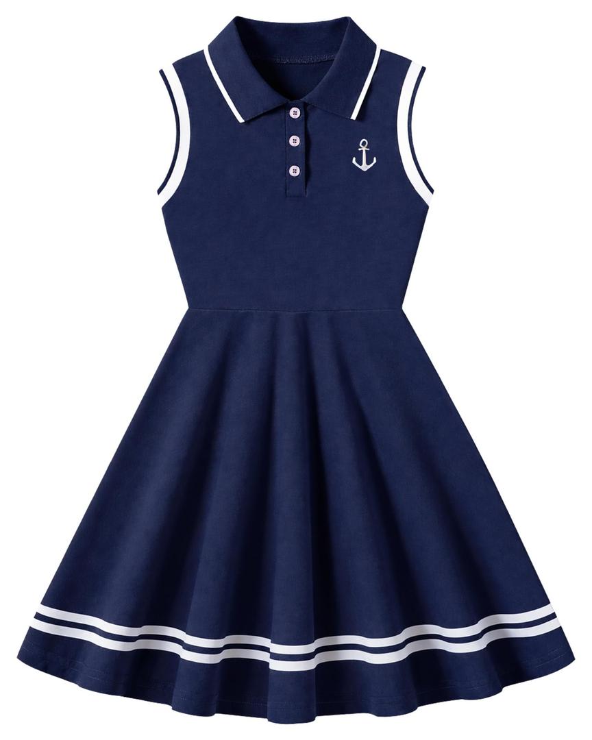 Girls Summer Sport Sleeveless Dress Toddler Outfits Anchor Print Casual Polo Dress for 4T 5T Kids Clothes Navy Blue