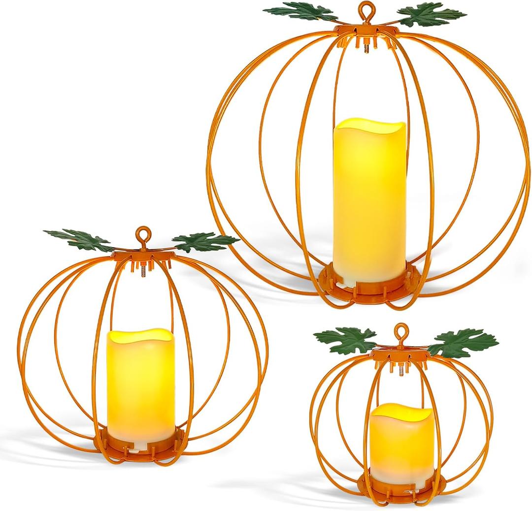 Halloween Light Up Pumpkin Lantern, 3 Pcs Metal Orange Pumpkin Candle Holders with Timer Flickering Yellow LED Candle Lights for Thanksgiving Halloween Harvest Fall Home Decor