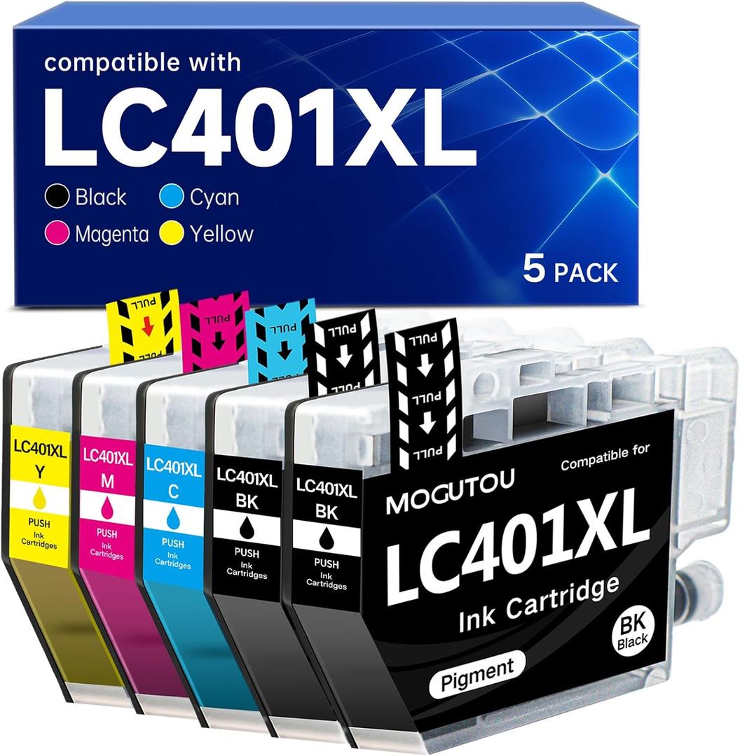 LC401XL Ink Cartridges Compatible for Brother LC401 Ink Cartridges for LC401XL 5 Pack for MFC-J1010DW MFC-J1012DW MFC-J1170DW Printer (2 Black, 1 Cyan, 1 Magenta,1 Yellow)