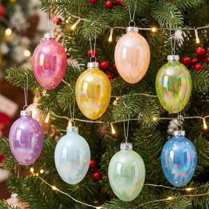 8 Pcs Colorful Glass Easter Egg Ornaments 2.7 Inch Spring Pastel Egg Ornaments Iridescent Opaque Macaron Hanging Easter Tree Decorations for Basket Stuffers Spring Party Bright Color Decor