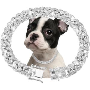 Silver Dog Chain Collar Diamond Cuban Link Dog Collar 13mm Wide Dog Necklace Metal Cat Chain Pet Crystal Collar Jewelry Accessories for Small Medium Large Dogs Cats(16inch)