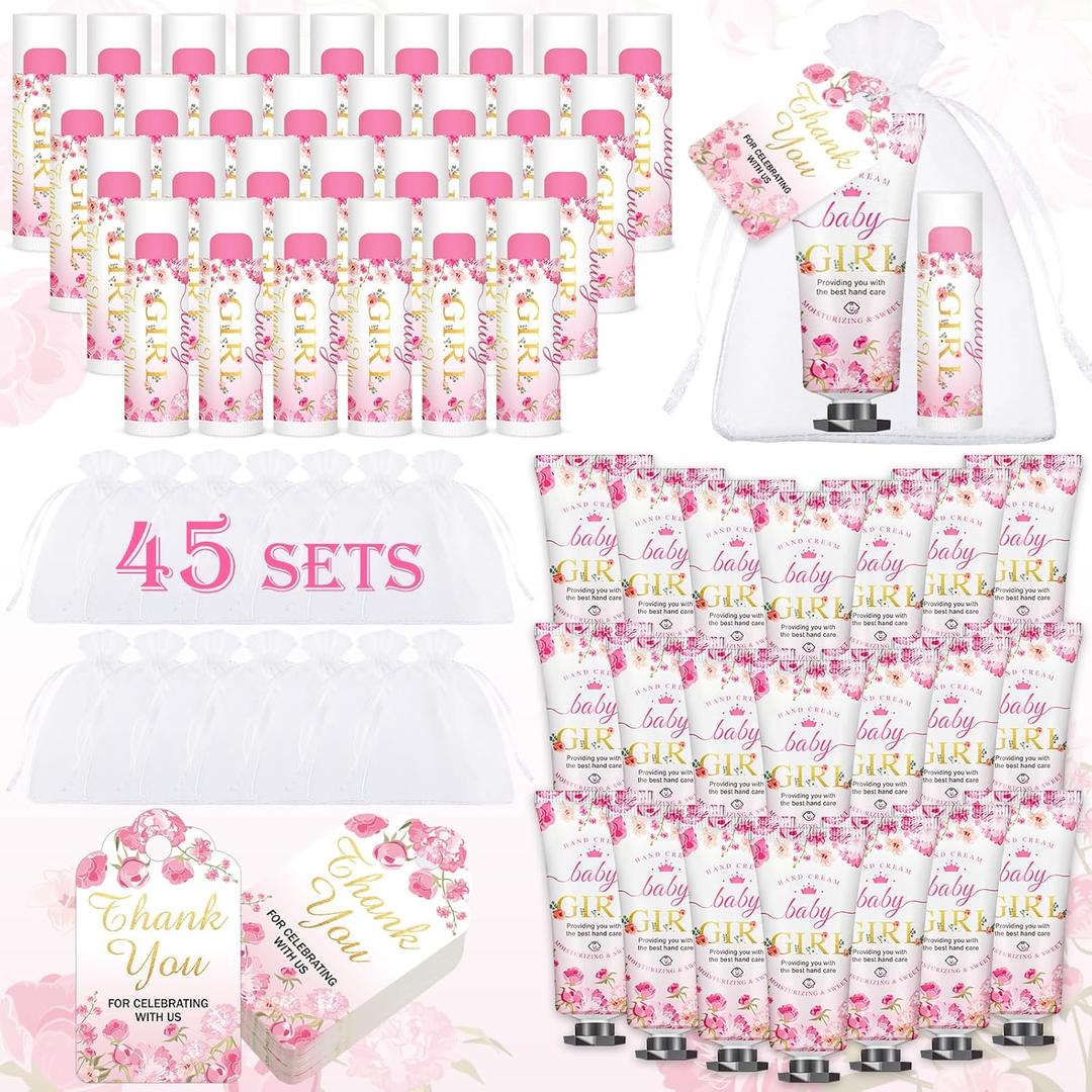 VISCOO 45 Sets Baby Shower Hand Cream and Lip Balm Gifts, Baby Shower Party Favors for Guests, Hand Cream Set for Bridal Wedding Thank You Gifts with Card Organza Bag, Travel Size (Girl)