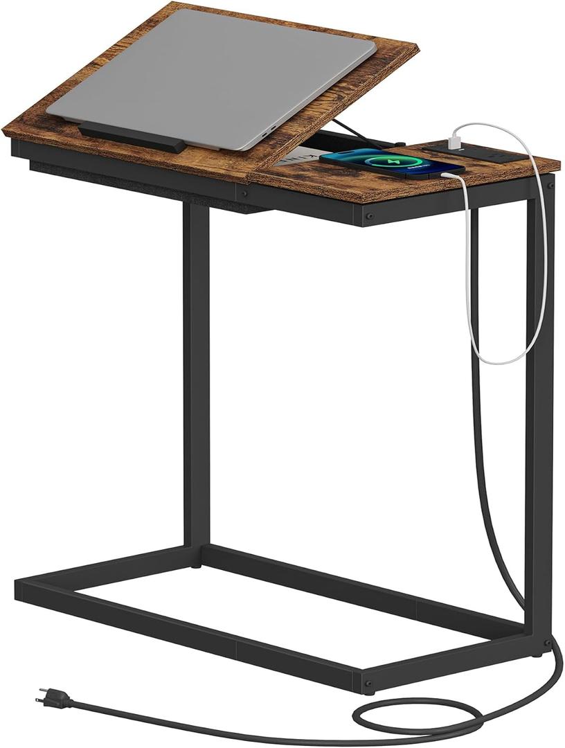 TUTOTAK C Shaped End Table with Charging Station, Tilting Laptop Stand Side Table, Under Couch Table for Living Room Bedroom, Brown TB01BB090