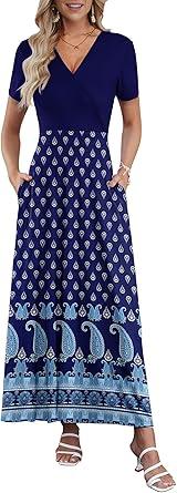AUSELILY Maxi Dresses for Women Floral Print Beach with Pockets XL
