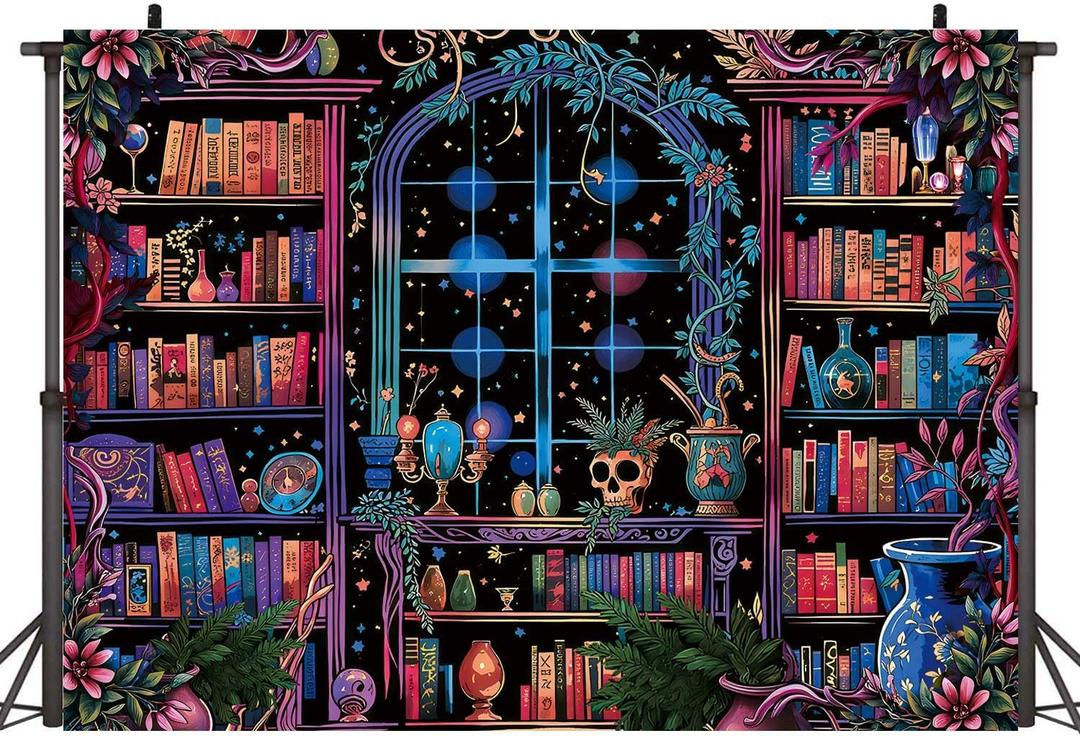 Halloween Magical Bookshelf Laboratory Backdrop Halloween Magic School Spooktakular Creepy Skull Poison Apothecary Witch Party Decoration (7x5ft)