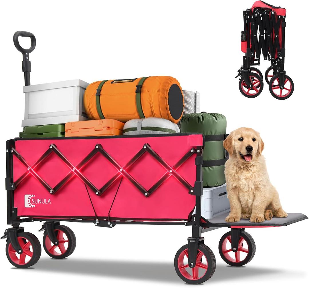 Collapsible Wagon Cart 226.8L - Extra Long Foldable Utility Wagon with Tailgate, Brakes, Anti-Rebounding Handler & 2 Cup Holders, for Groceries, Camping, Shopping, Garden - Pink