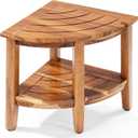 18" Teak Corner Shower Stool, 2-Tier Teak Shower Bench with Storage Shelf, Adjustable Non-Slip Feet, Natural