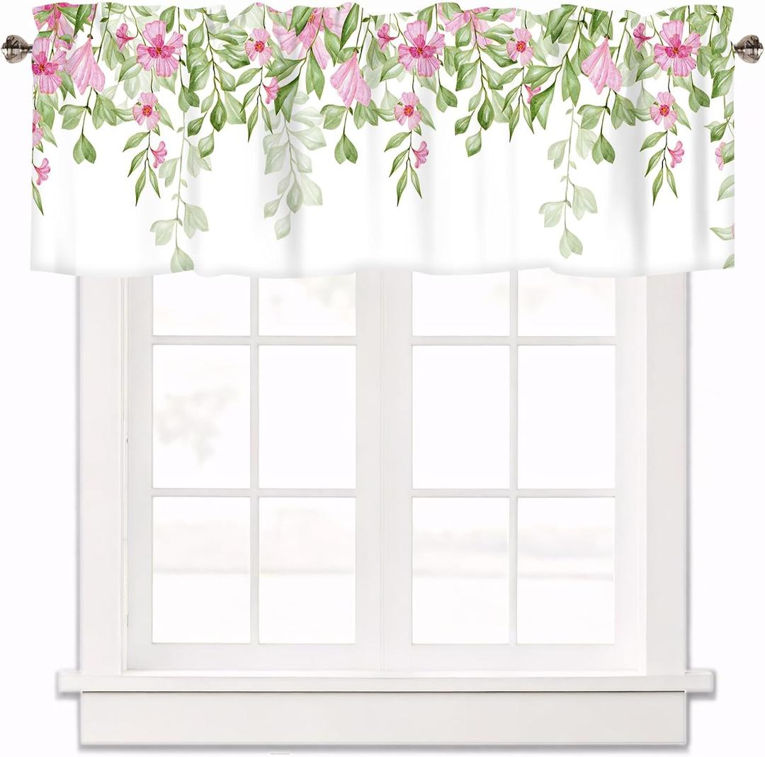 Green Leaves Valances for Windows, Floral Kitchen Short Curtains Rod Pocket Window Treatments Valance for Living Room Bedroom Bathroom Cafe Flower Farmhouse Decor 1 Panel, 42x12 Inch