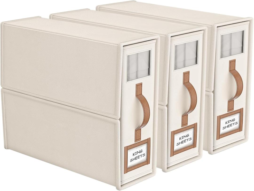 3 Pack Foldable Bed Sheets Set Organizers and Storage(King & Queen Size),Linen Fabric Closet Organizers with Window,Folding Bedding Storage Box for Bedsheets and Pillow Cube Organizer-Beige