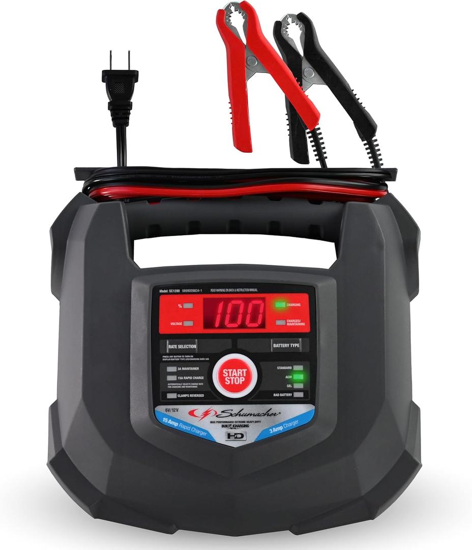 Schumacher Electric 15A Car Battery Charger and Maintainer, 4-in-1 Solution, for 6V/12V Power Sport, Automotive, and Marine Batteries, SC1280