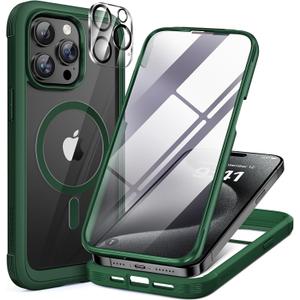 Miracase Magnetic for iPhone 12 Pro Max Case [Compatible with MagSafe] Full-Body Phone case with Built-in Glass Screen Protector& Camera Protector, Military Drop Proof 12 Pro Max Cover, Green