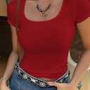 LOLONG Womens Short Sleeve Ribbed T Shirts Summer Casual Square Neck Lace Patchwork Tops (Red, S)