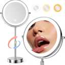 Nicesail LED Lighted Makeup Mirror Tabletop, 10X Magnifying Mirror with 3 Color Lights, Brightness Adjustable Height, Light up for Desk Make up Vanity Table, Double Sided Chrome Finish (8 Inch, 10X)