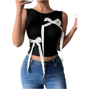 GORGLITTER Women's Bow Tops Summer Y2k Tank Top Coquette Going Out Crop Top (Black, XL)