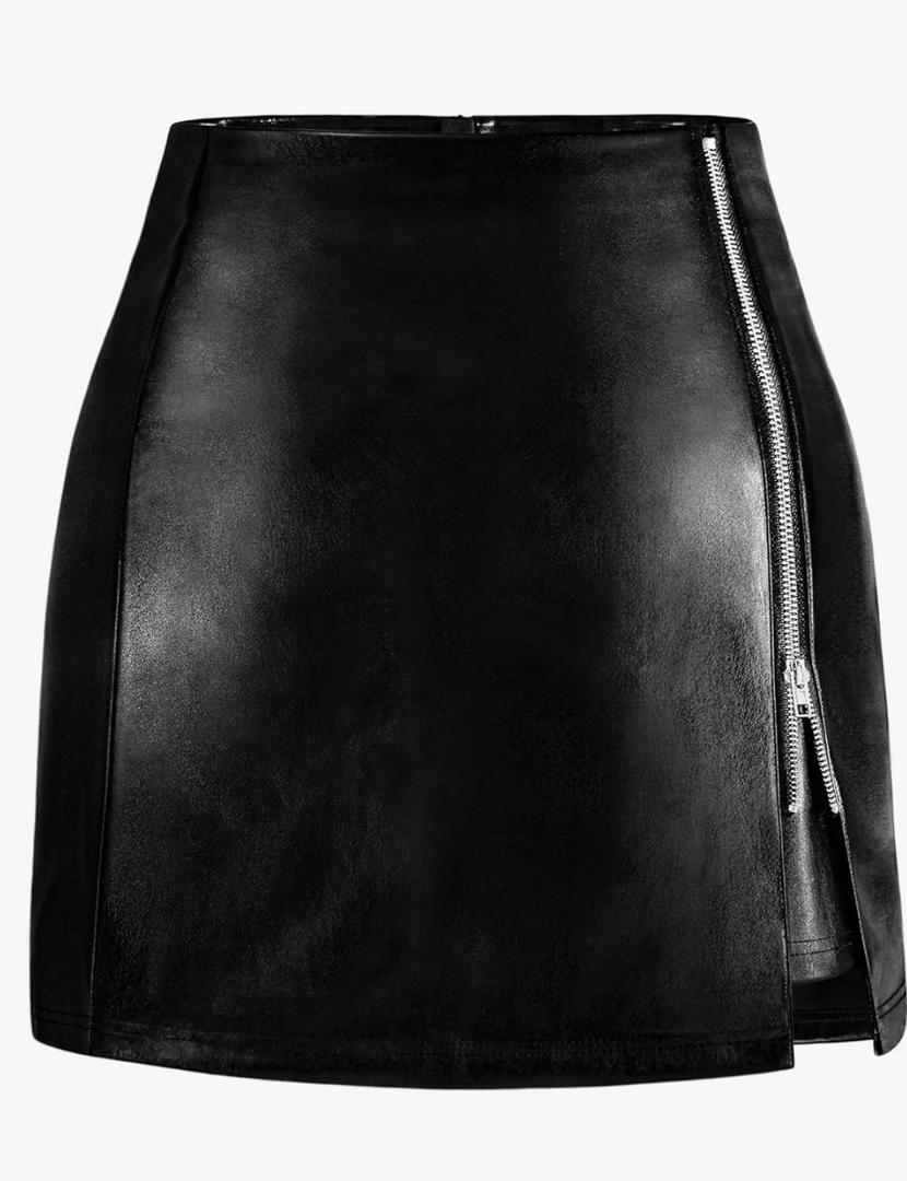 FLUFFY SENSE. Women's Leather Mini Skirt Stretchy High Waisted Zipper Slit Faux Pleather Bodycon Short Pencil Skirt Large