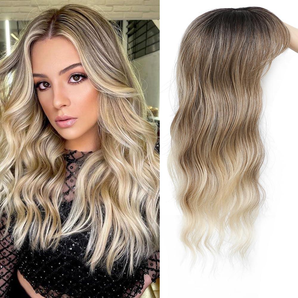 Hair Toppers for Women, 20Inch Toppers Hair Pieces for Women with Thinning Hair Side Clip in Bangs 360 3D Big Coverage Base Curly Wavy (Ombre Highlights Light Brown with Dark Root)