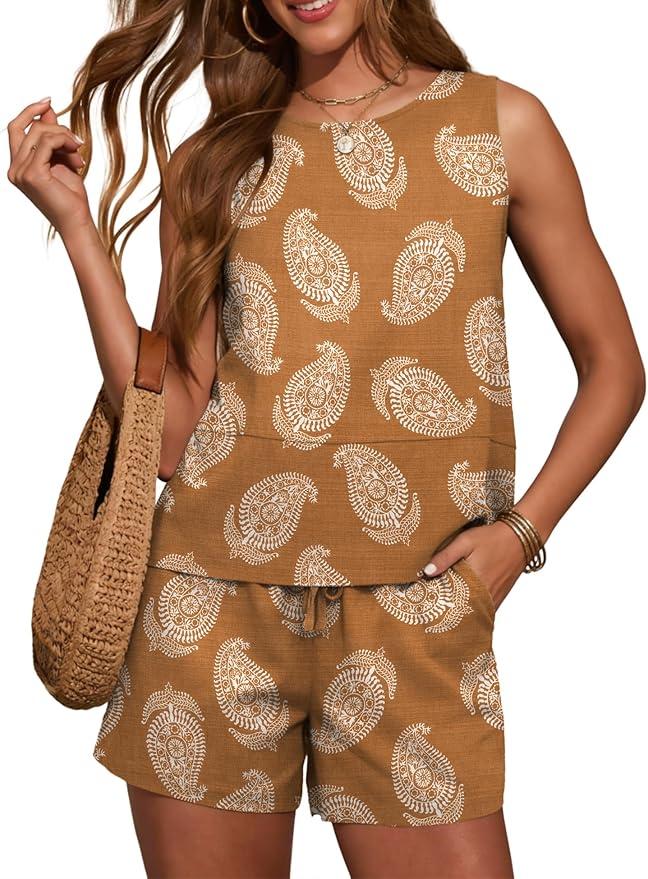 LOMON Women's Trendy 2 Piece Outfits Shorts Sets Summer Crew Neck Sleeveless Tank Top and Bottom Matching with Pockets 2026 L