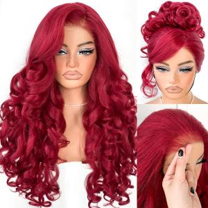13x6 Glueless Red HD Lace Front Wig Pre-Cut Synthetic Lace Front Wig Pre-Plucked Wear And Go Yaki Crazy Body Wave Wig 99j Burgundy