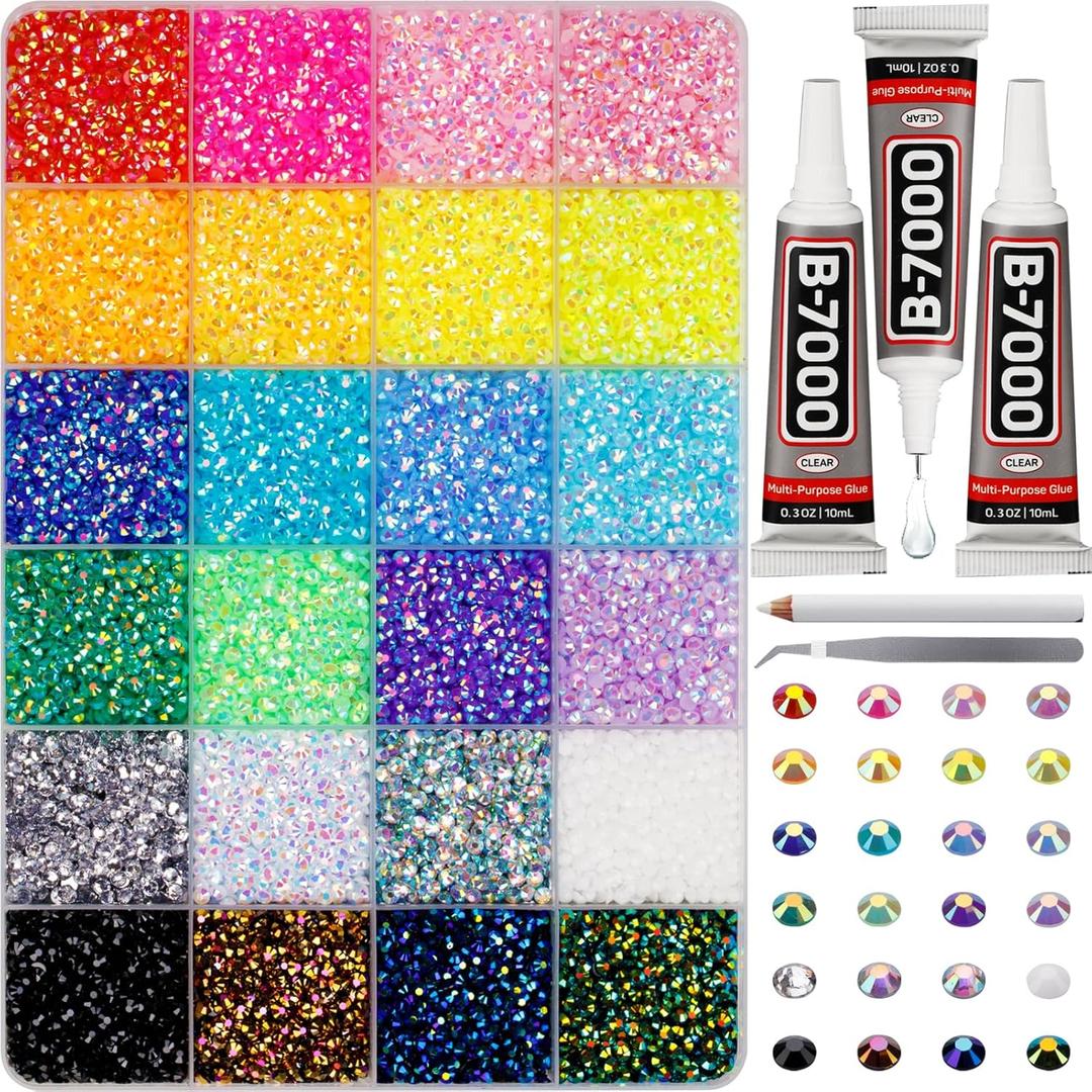 33000Pcs Rhinestones for Bedazzling, 3mm Bedazzler Kit with Flatback Rhinestones for Clothes Crafting Crafts Nails Clothing, Flat Back Resin Rainbow Colorful Colored Crystal with B 7000 Glue Clear (Large Pack + 3pcs Glue, 24 Mix Jelly AB colors | 3mm)