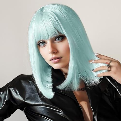 SUKRI Green Bob Wig With Bangs Short Mint Green Bob Wigs for Women Straight Bangs Wig 12Inch Heat Resistant Synthetic Hair Natural Looking For Daily Party Use