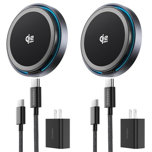 THREEKEY for MagSafe Charger, Only1Pack Qi2 25W Fast Charging Pad with Cooling Fan, Magnetic Wireless Charger with 6.6ft Cable for iPhone 17/16/15 Series (2 Adapters Included)