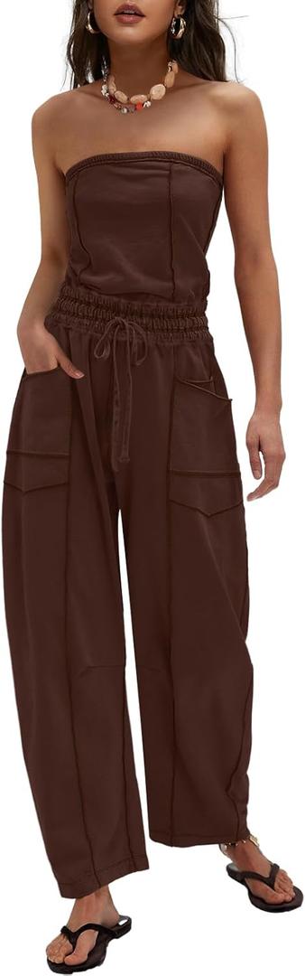 LAMISSCHE Womens Casual Strapless Jumpsuits off the Shoulder Summer Rompers Sleeveless One Piece Outfits with Pockets (Brown, XL)