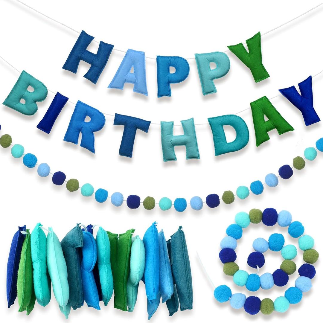 2 Pcs 118 Inch Pre Strung Happy Birthday Felt Banner with Ball Garland Reusable Natural Handmade Letters & Balls for Birthday Sign Decorations Party Decor Photo Prop(Ocean Color)