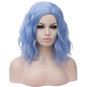 BUFASHION 14" Women Short Light Blue Kinky Straight Cosplay Synthetic Wigs With Air Bangs (Light Blue)