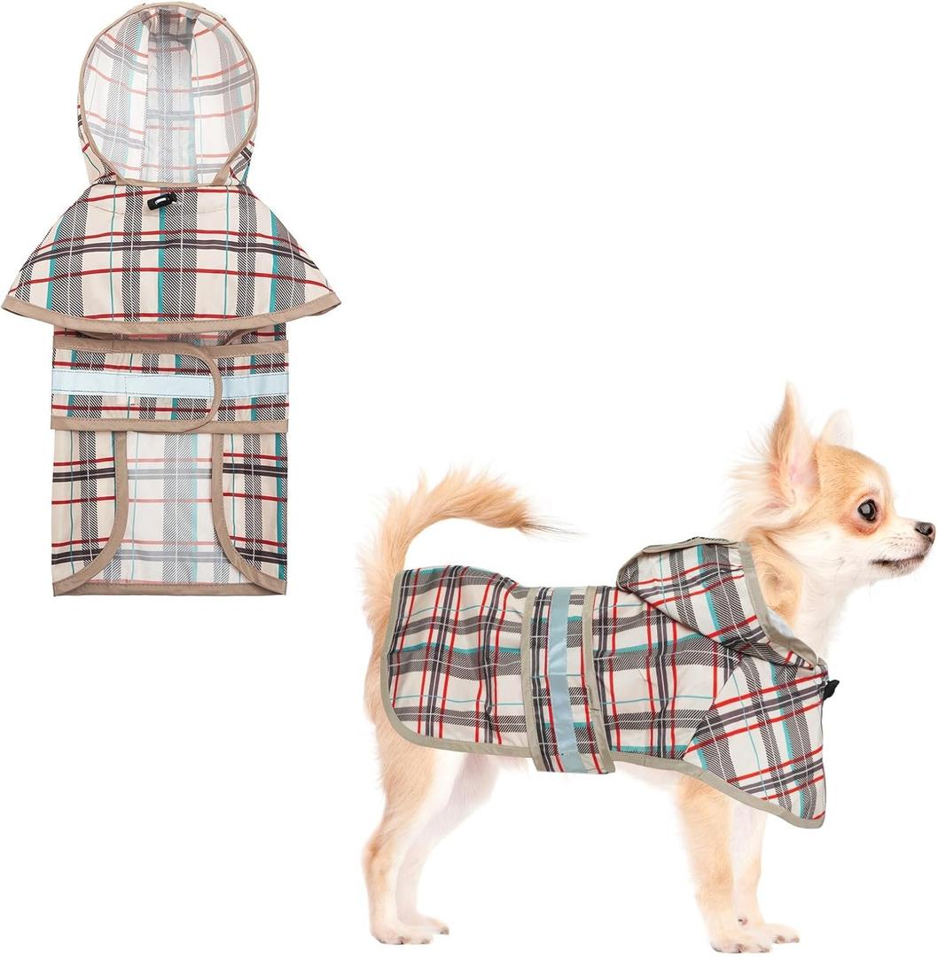 KOOLTAIL Dog Raincoat Hooded Slicker Poncho with Leash Hole, Raincoat for Small Medium Dogs, Waterproof Doggie Rain Jacket with Reflective Strip, Adjustable Breathable Plaid Puppy Rainwear, Beige S (Small (Pack of 1))
