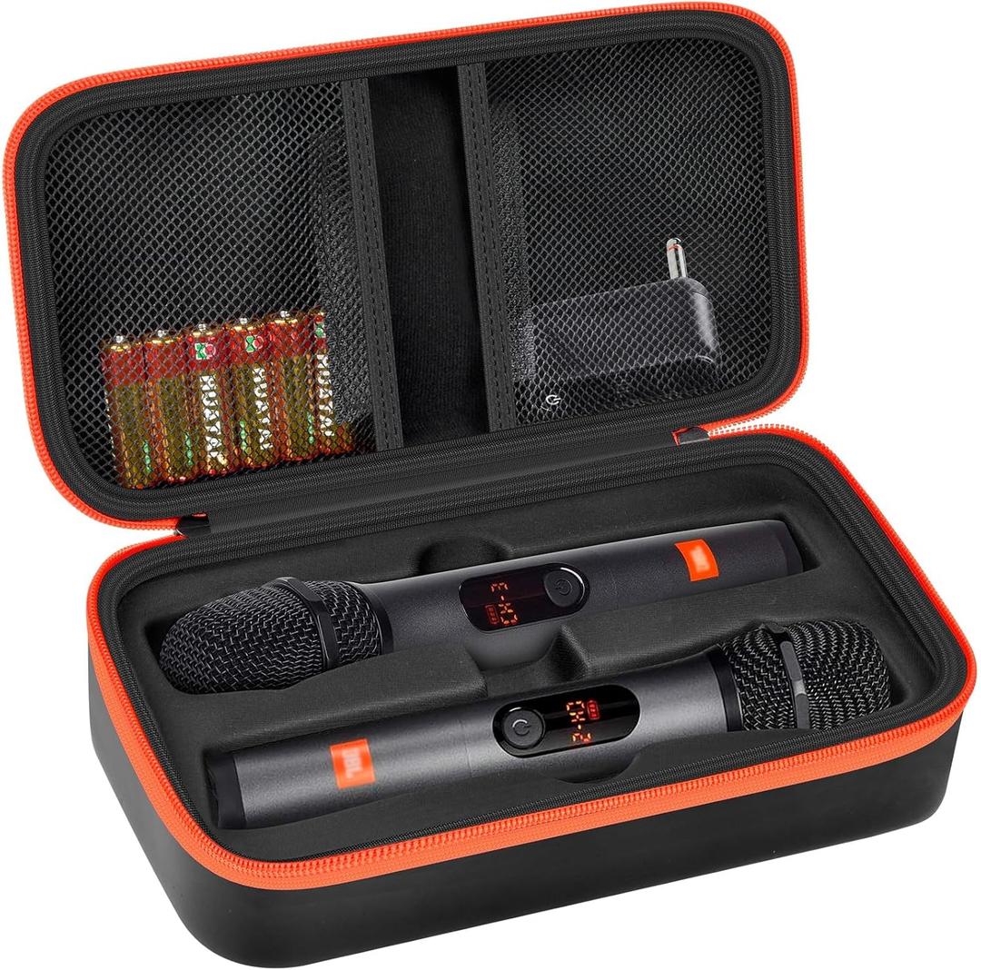 Wireless Microphone Case Compatible with JBL Wireless Two Microphone System, Handheld Dual Mic Travel Bag for Singing or Karaoke for Receivers, Adapters, AA Batteries (Black)