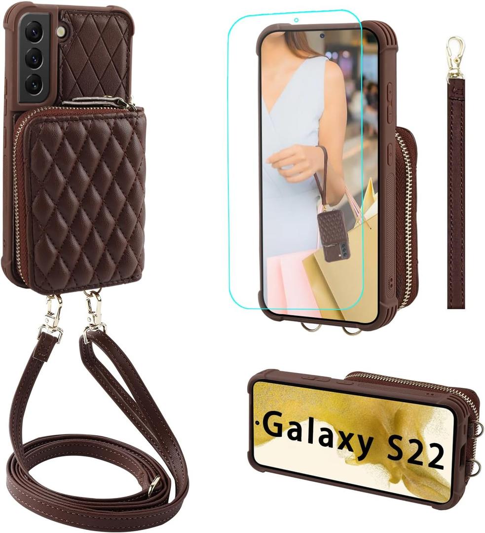 MONASAY Zipper Wallet Case Fit for Galaxy S22 5G 6.1in, [Screen Protector ][RFID Blocking] Flip Leather Handbag Phone Cover with Card Holder Crossbody Shoulder Lanyard Strap, Brown