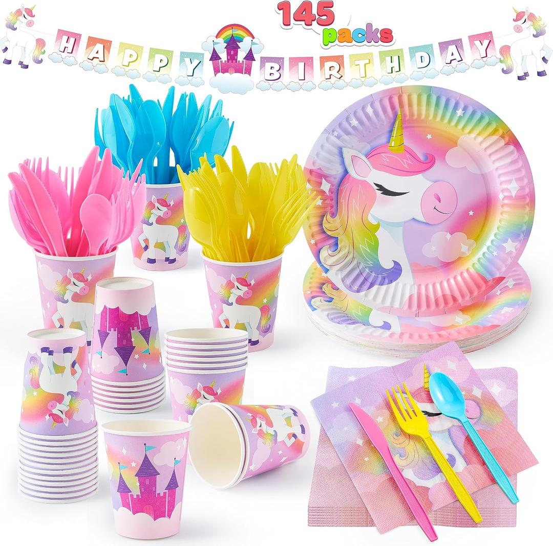 JOYIN 145 Pcs Unicorn Birthday Party Supplies with Unicorn Banner for Girls, 24 Serves Unicorn Disposable Tableware Set with Plates , Cups, Napkins, and Cutlery Sets for Unicorn Themes Party Kids