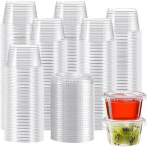Lamosi 360 Set 4 oz Jello Shot Cups with Lids, Small Plastic Condiment Cups | Food Safe Disposable Souffl Storage Portion Containers for Salad, Dressing, Sauce, Dipping, Snacks