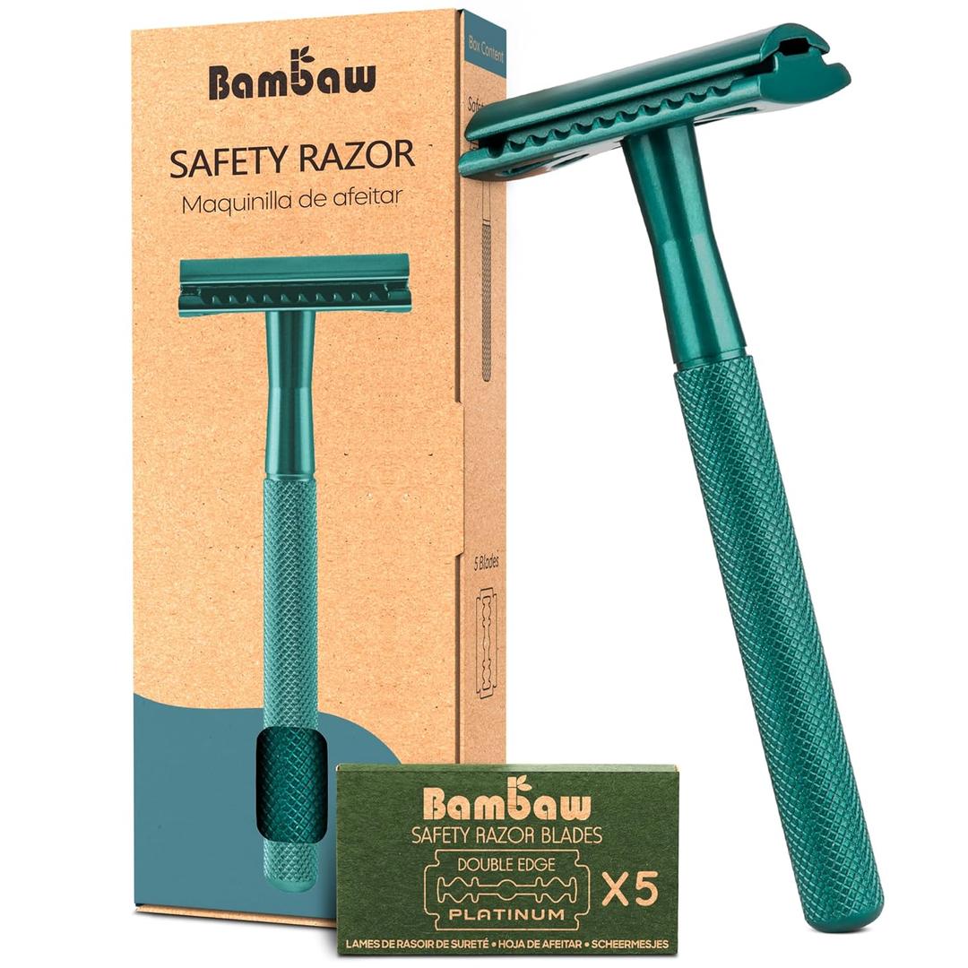 Bambaw Men Safety Razor with 5 Double Edge Safety Razor Blades, Single Blade Razor for Men & Women, Plastic Free Stainless Steel Razor - Sea Green