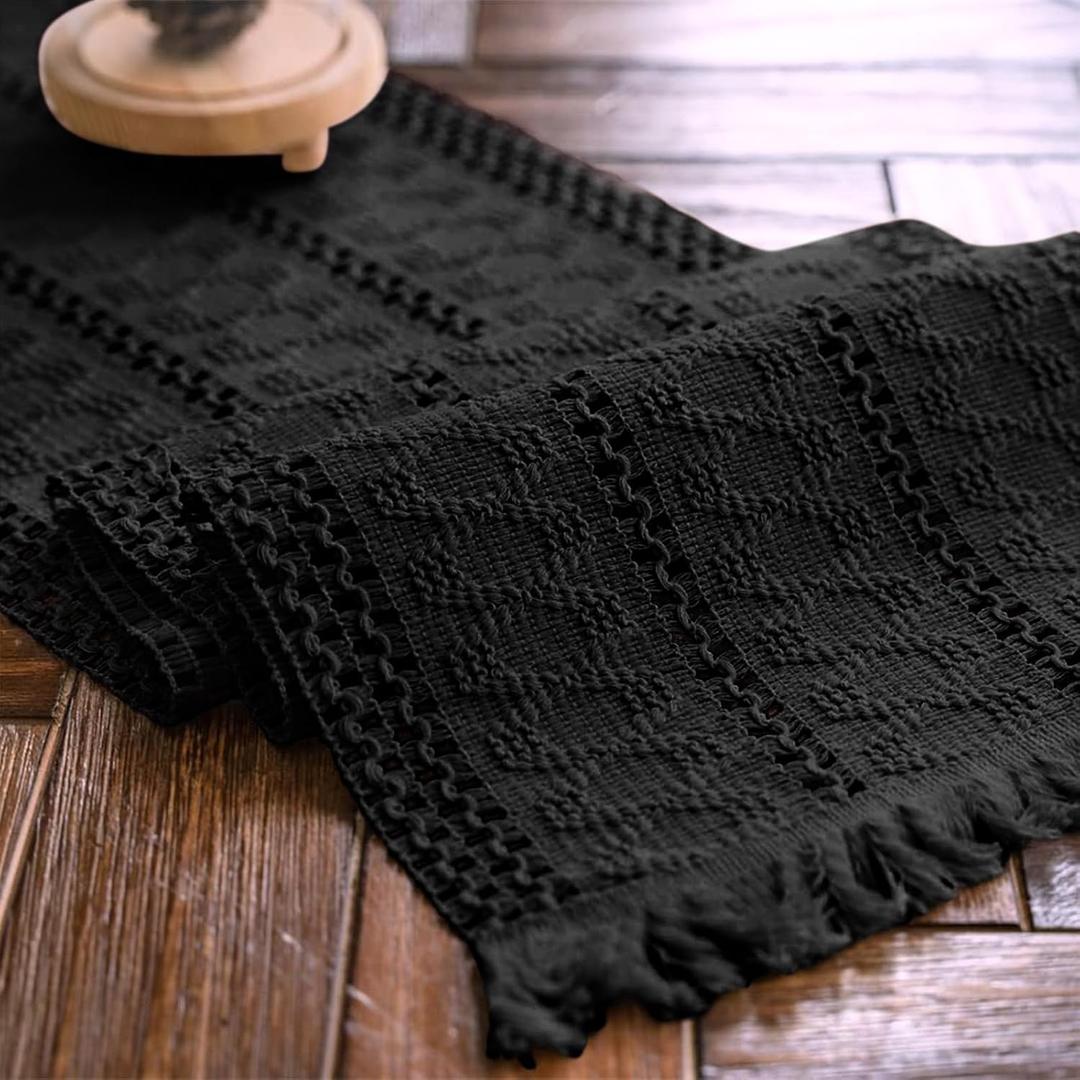 Macrame Table Runner Pure Black Boho Table Runners with Tassels Hand Woven Cotton Table Runner Rustic Farmhouse Table Runners for Bohemian Kitchen Dining Table(12x71in)