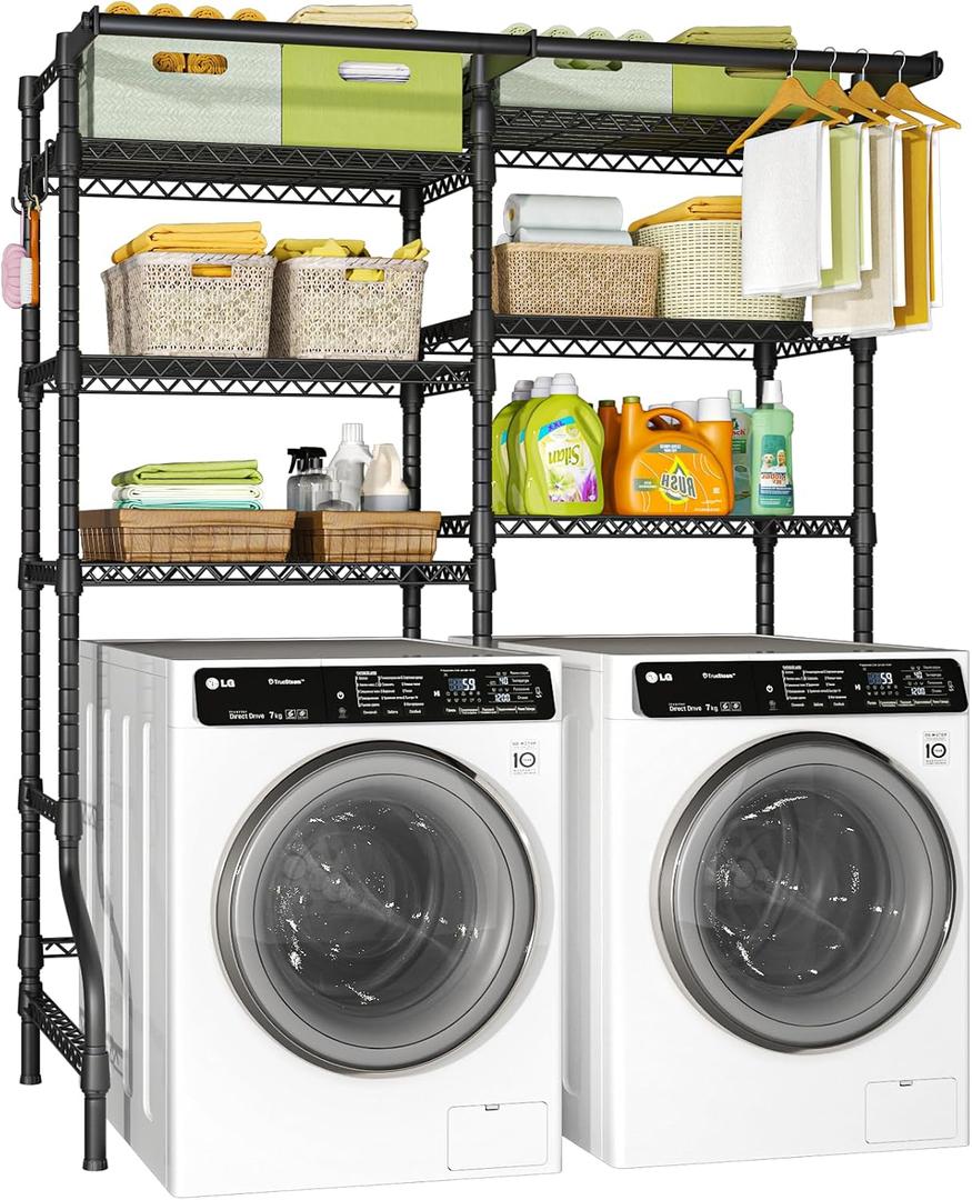 Ulif U13 Medium Over Washer and Dryer Storage Shelves, 6 Tiers Laundry Room Standing Shelf with 2 Hanger Rods, Space Saver Clothes Drying Rack, 57.8" W x 22" D x 77.4" H, Black