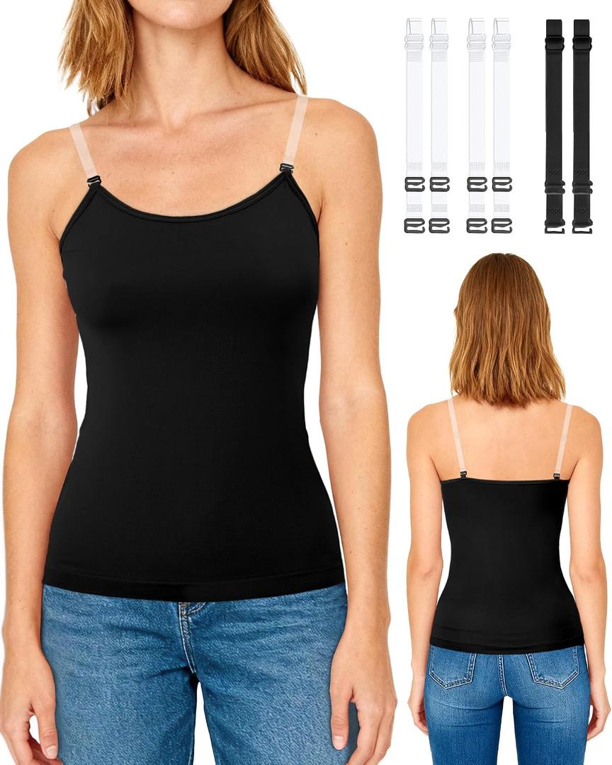 Women's Seamless Camisole Tops, Everyday Layers Tank Top for Women, Spaghetti Cami with 2 Pair Clear Straps (Black, XL)