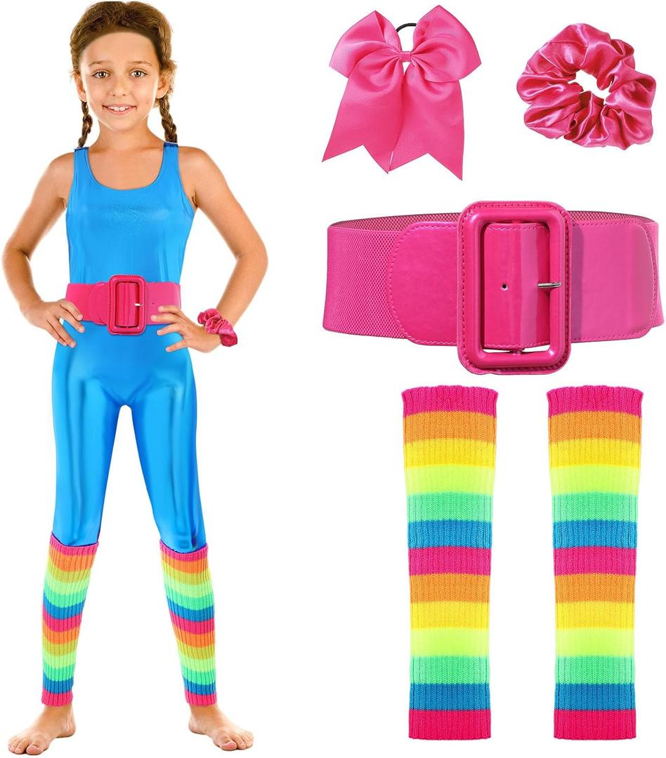 Cuffbow Girl Doll Costume Accessories Set Kids Unitard 80's Party Knit Leg Warmer, Patent Leather Belt, Bow Hair Tie (8-13 Years)