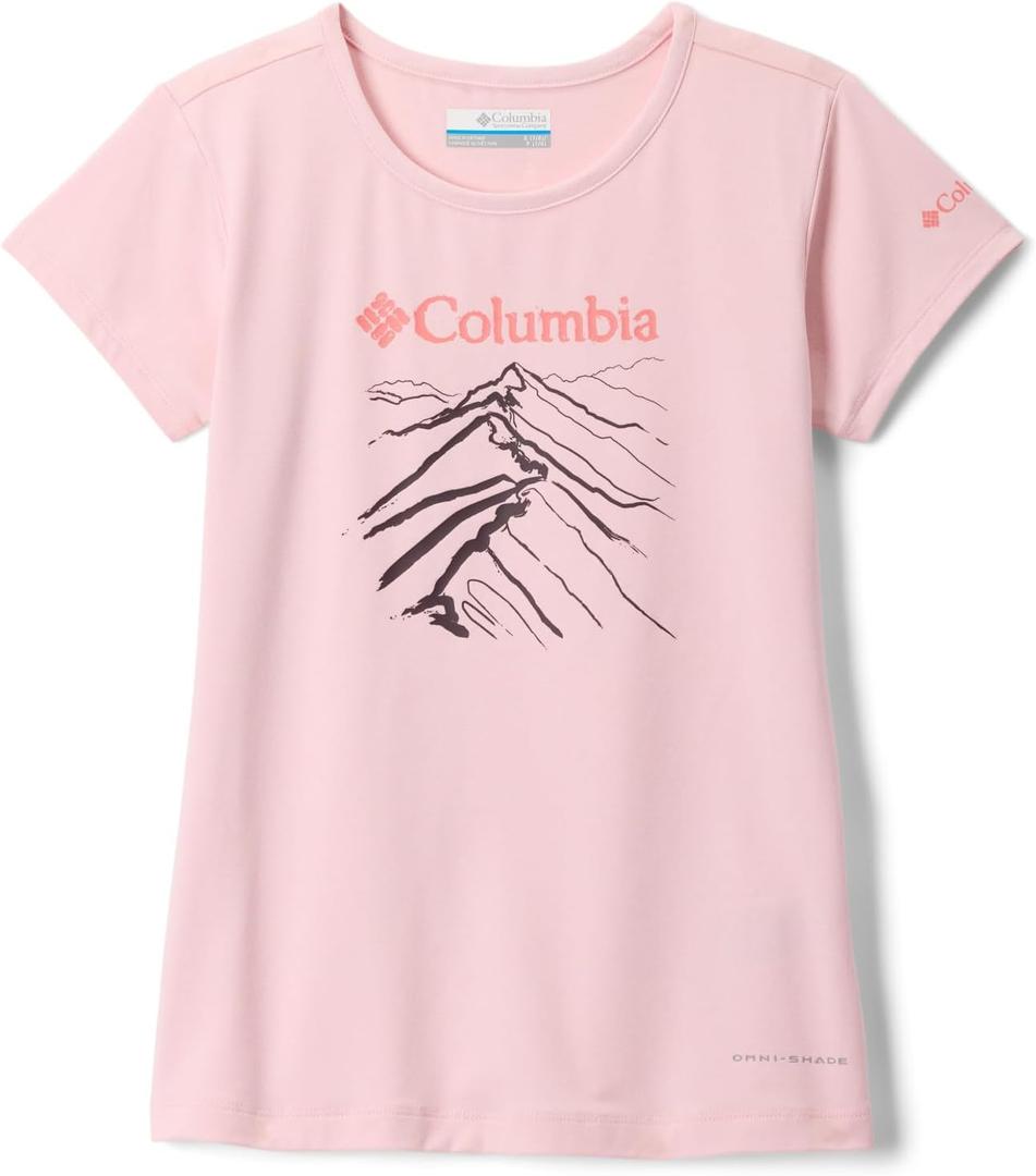 Columbia Girls' Tech Trail Short Sleeve Graphic Shirt (Large, Satin Pink Heather/Ridge Line Life)
